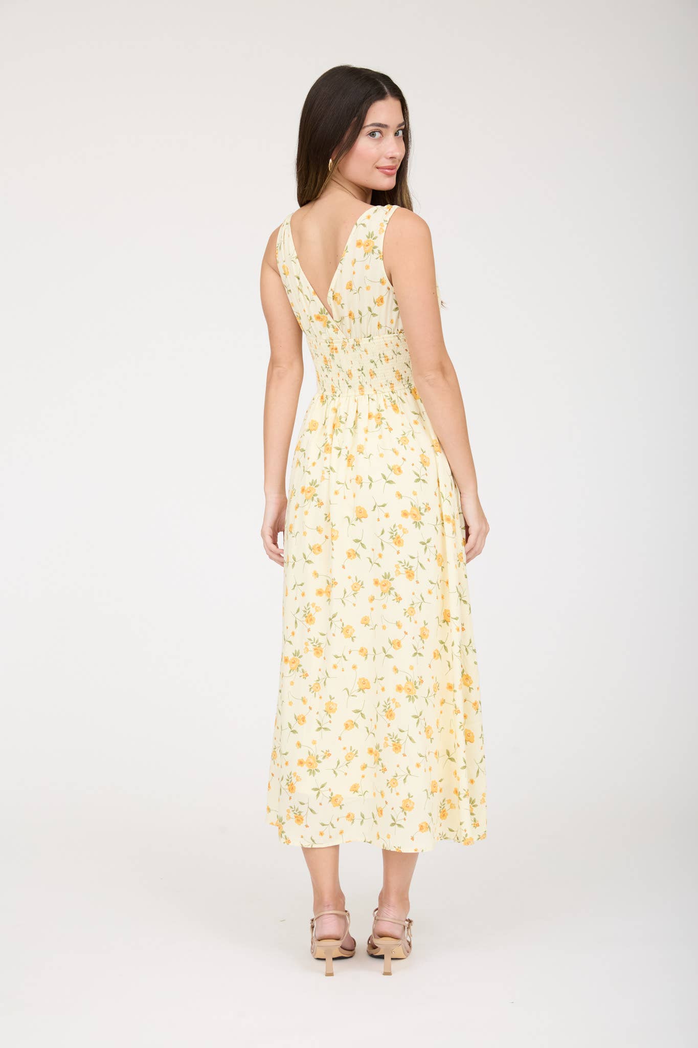 FLORAL V NECK SLEEVELESS CORSET MIDI DRESS