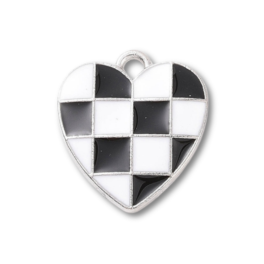 Heart Checkered Silver Charm