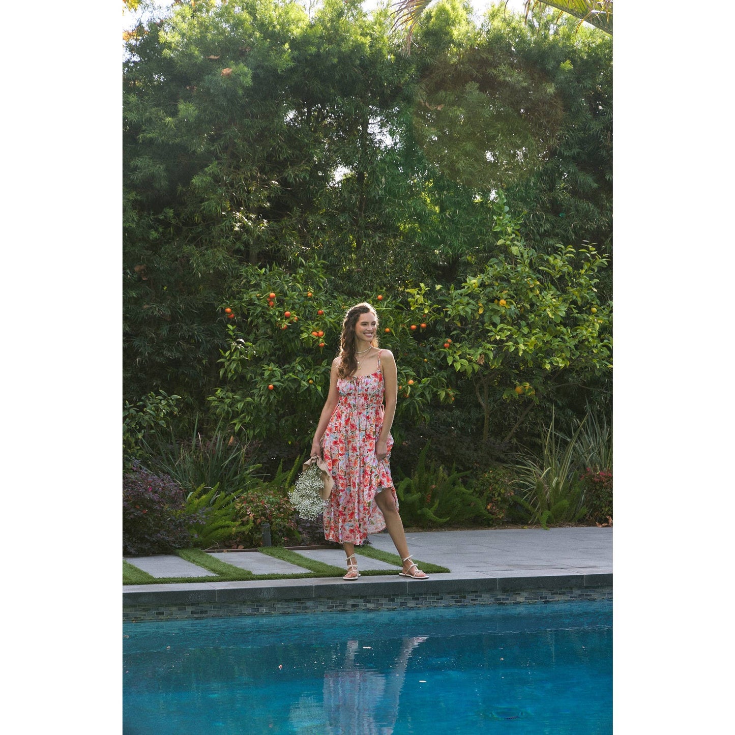VIBRANT FLORAL PRINT RUCHING CAMI MIDI DRESS