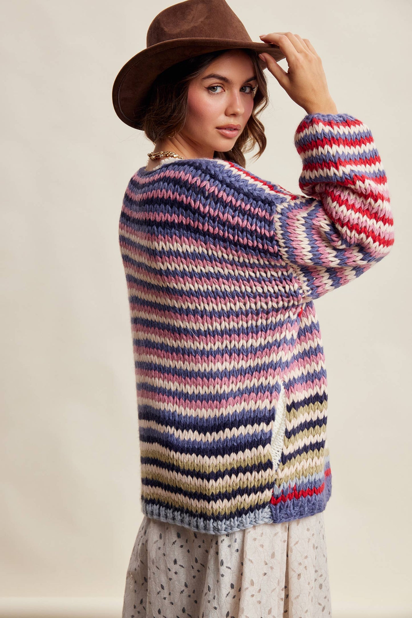 Chunky Multi Stripe Knit Cardigan LSW0731