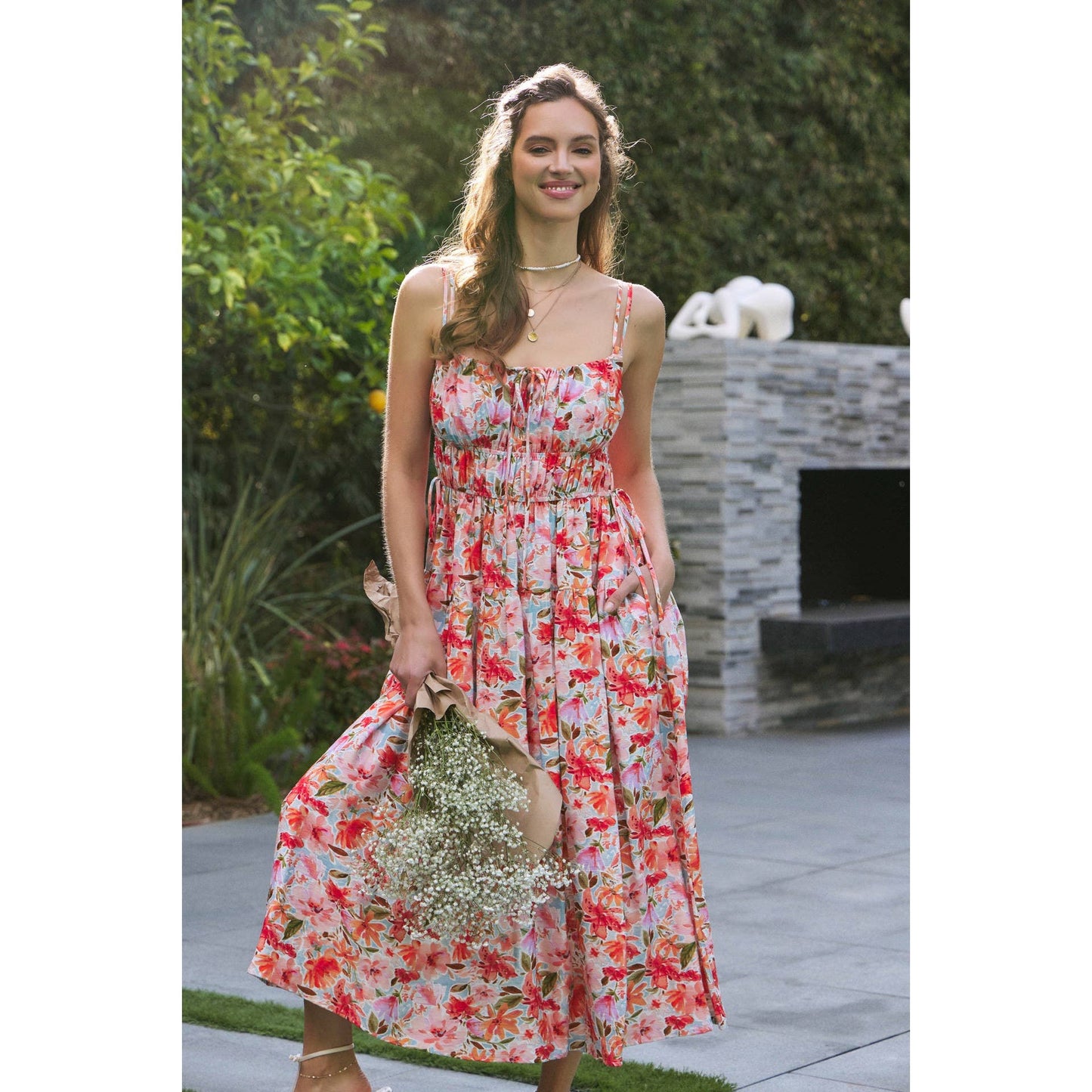 VIBRANT FLORAL PRINT RUCHING CAMI MIDI DRESS