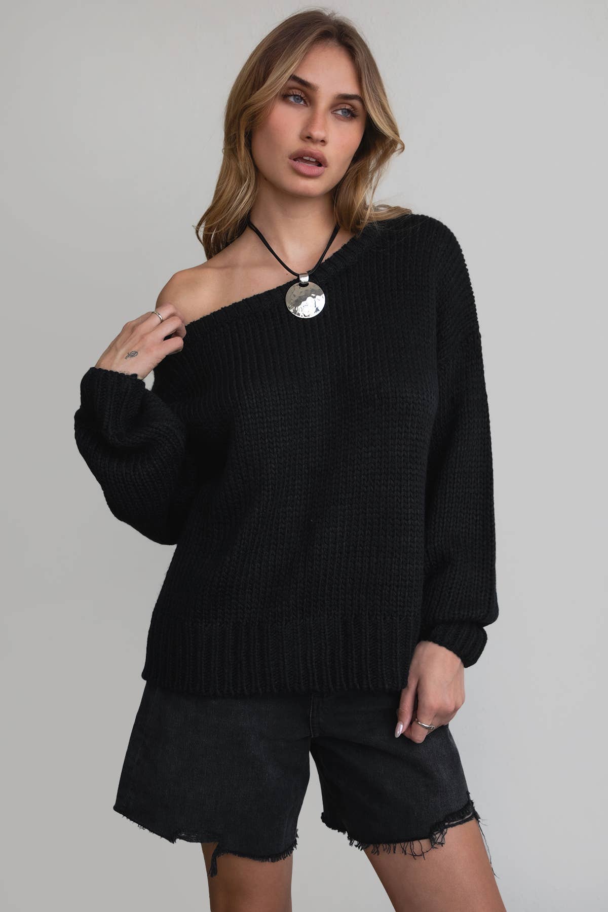 BRANDY Ribbed Knit Off The Shoulder Relaxed Sweater Cardigan