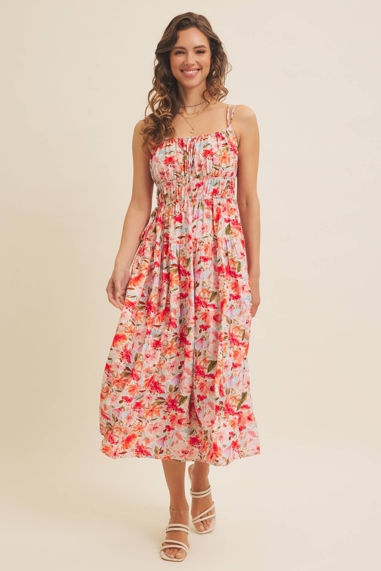 VIBRANT FLORAL PRINT RUCHING CAMI MIDI DRESS