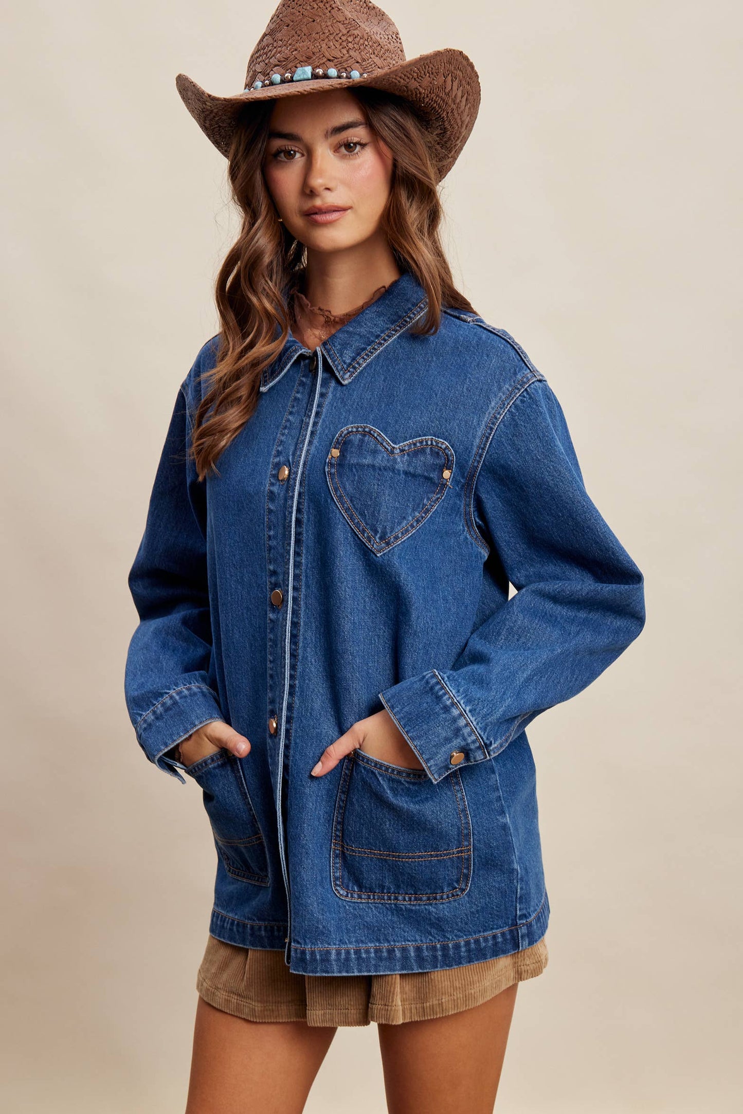 Heart Pocket Denim Shacket LJ0268