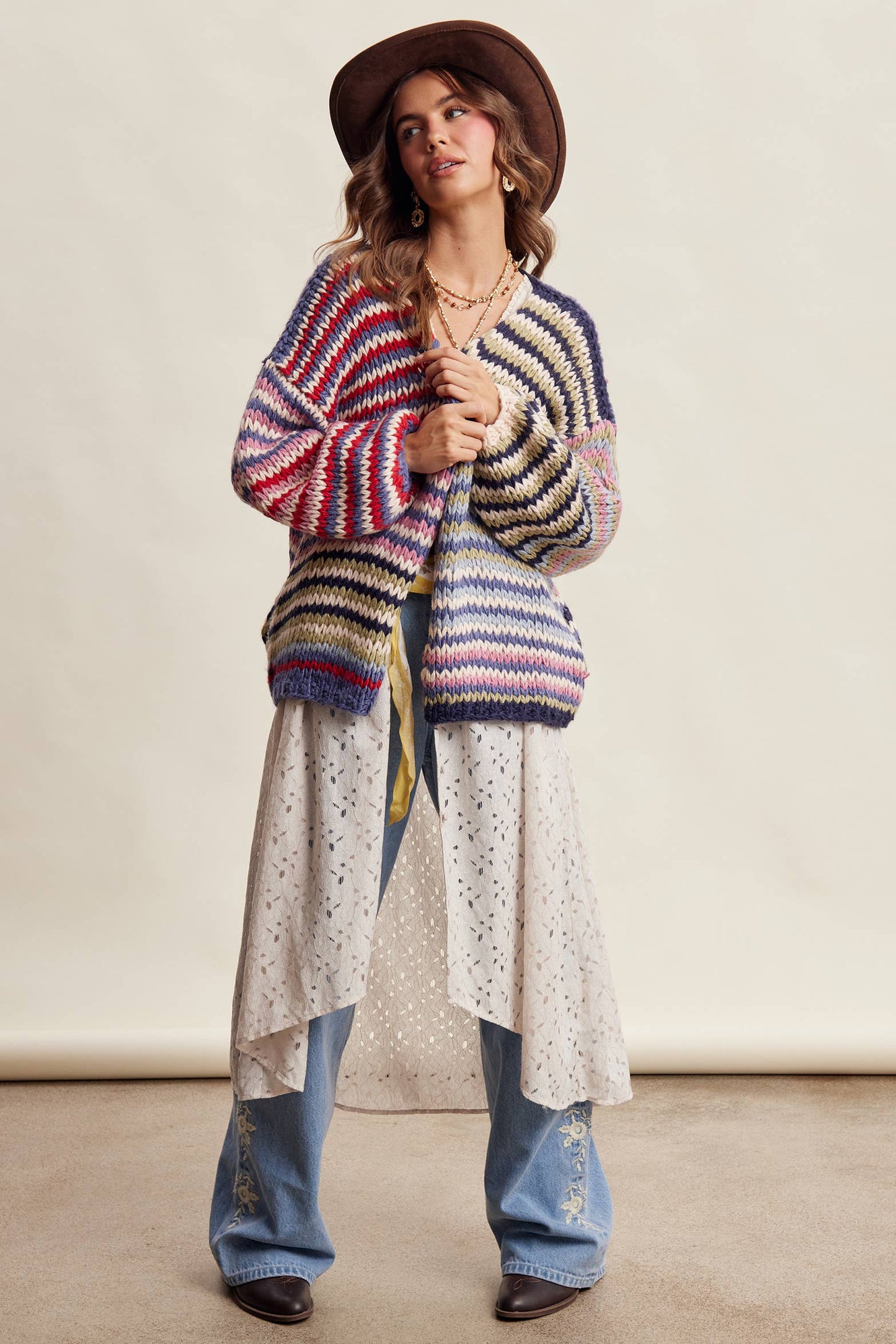 Chunky Multi Stripe Knit Cardigan LSW0731