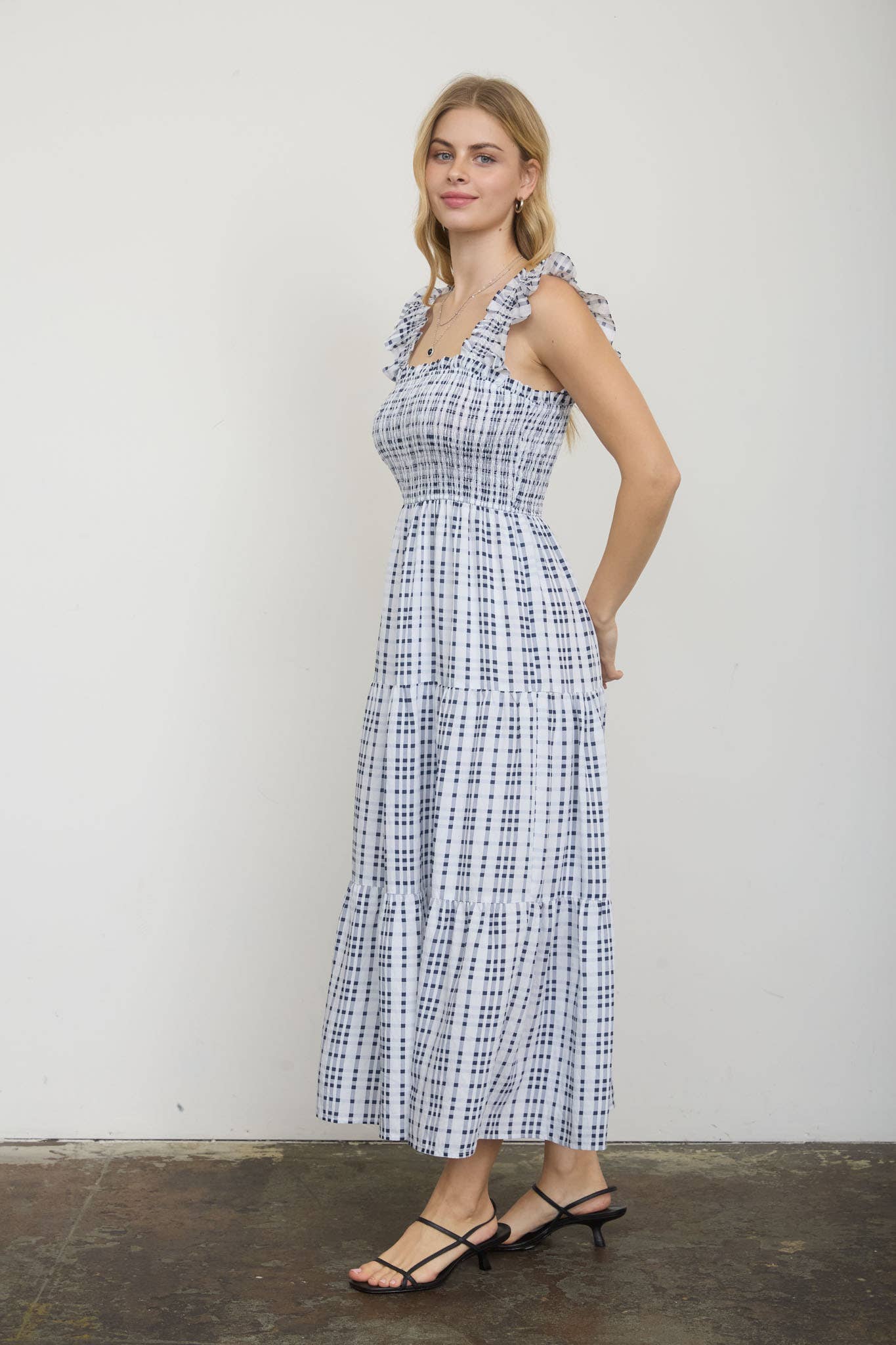 PLAID SMOCKED RUFFLE STRAP TIERED MIDI DRESS
