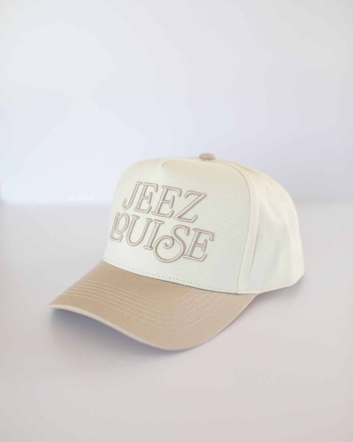 Jeez Louise Unisex Trucker Hat - Khaki & Cream