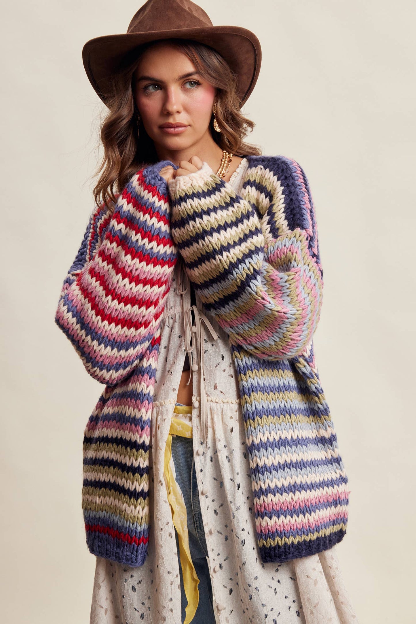 Chunky Multi Stripe Knit Cardigan LSW0731