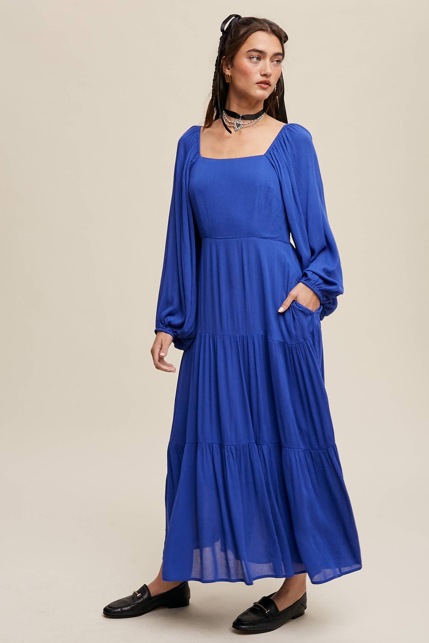 Romantic Square Neck Tiered Boho Maxi Dress