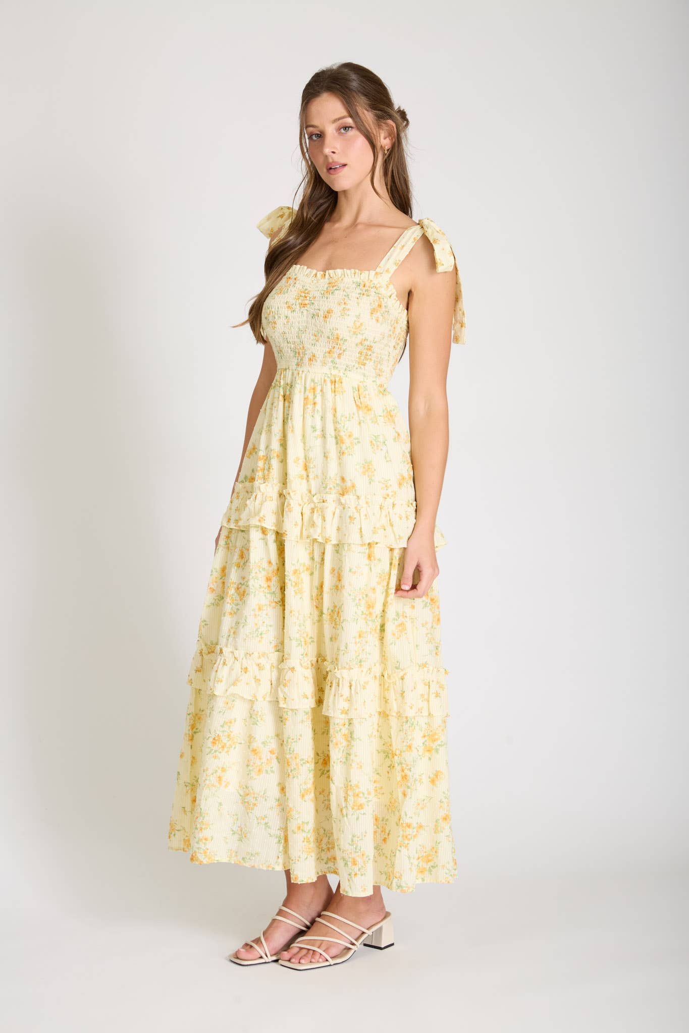 FLORAL SWEETHEART SMOCKED RUFFLE DETAIL MIDI DRESS