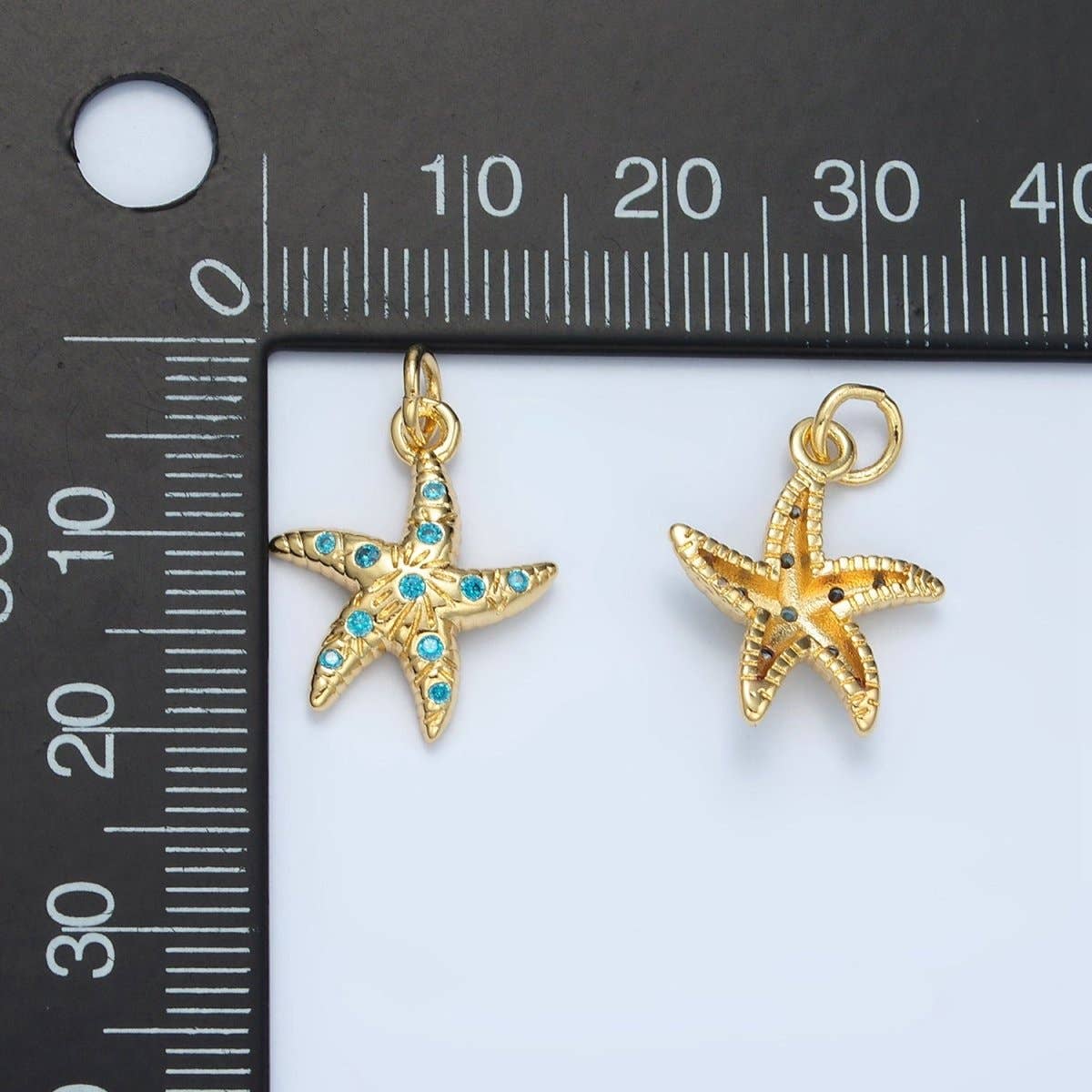24K Gold Filled Blue CZ Micro Paved Textured Starfish Sea Animal Charm | M-896