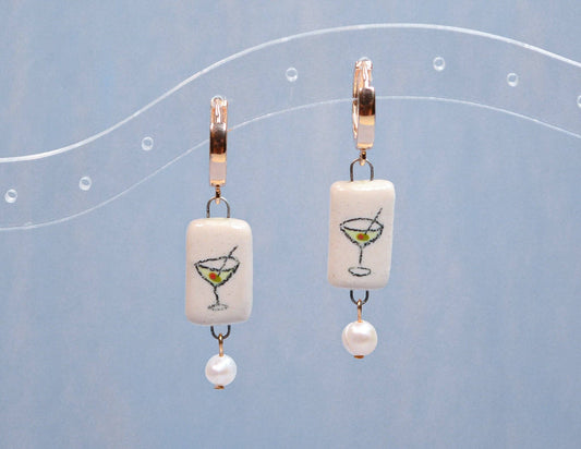 Martini and Pearls Ceramic Hoop Earrings