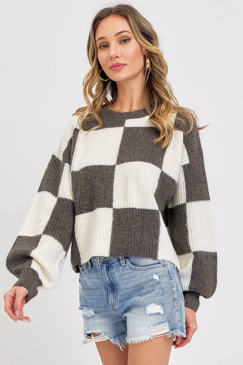 CASUAL SOFT COZY  RELAXED FIT CHECKER KNIT SWEATER: IVORY MOCHA / Contemporary / S