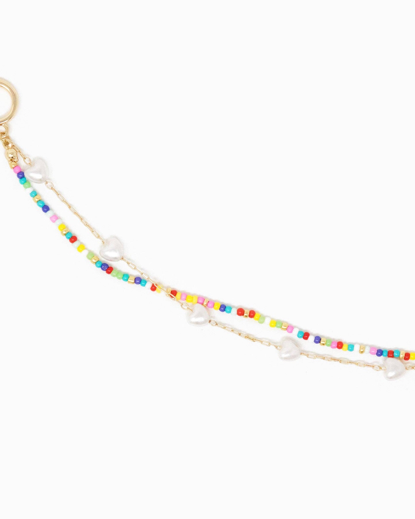 Double Layered Pearl Heart and Rainbow Bead Toggle Bracelet