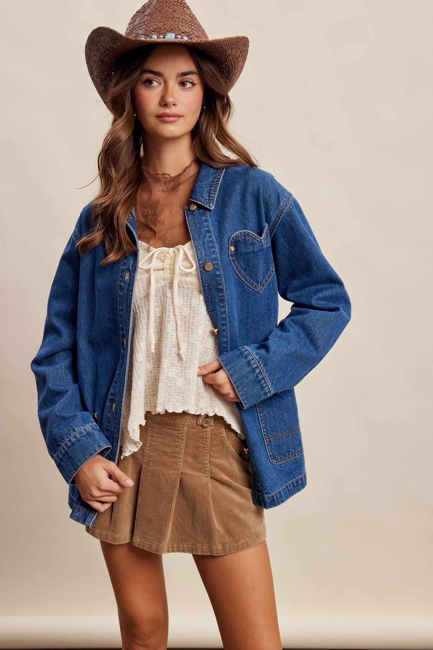 Heart Pocket Denim Shacket LJ0268