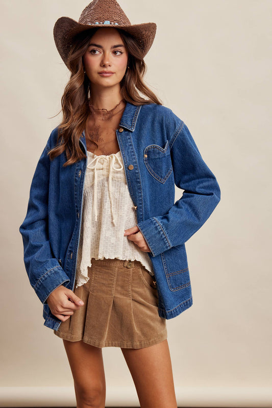 Heart Pocket Denim Shacket LJ0268