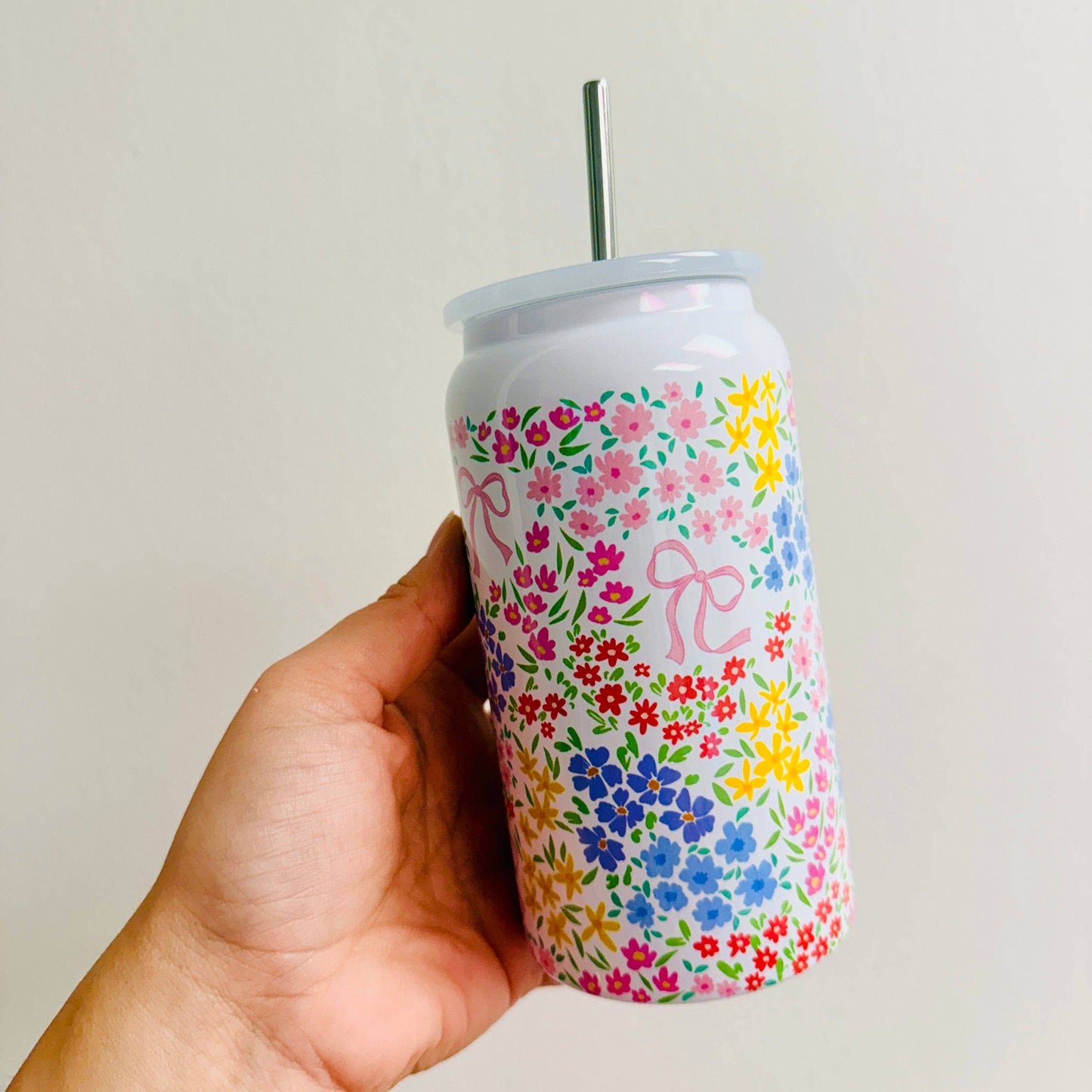 16 oz Stainless Steel Cup, Bows and Ditsy Floral Pattern