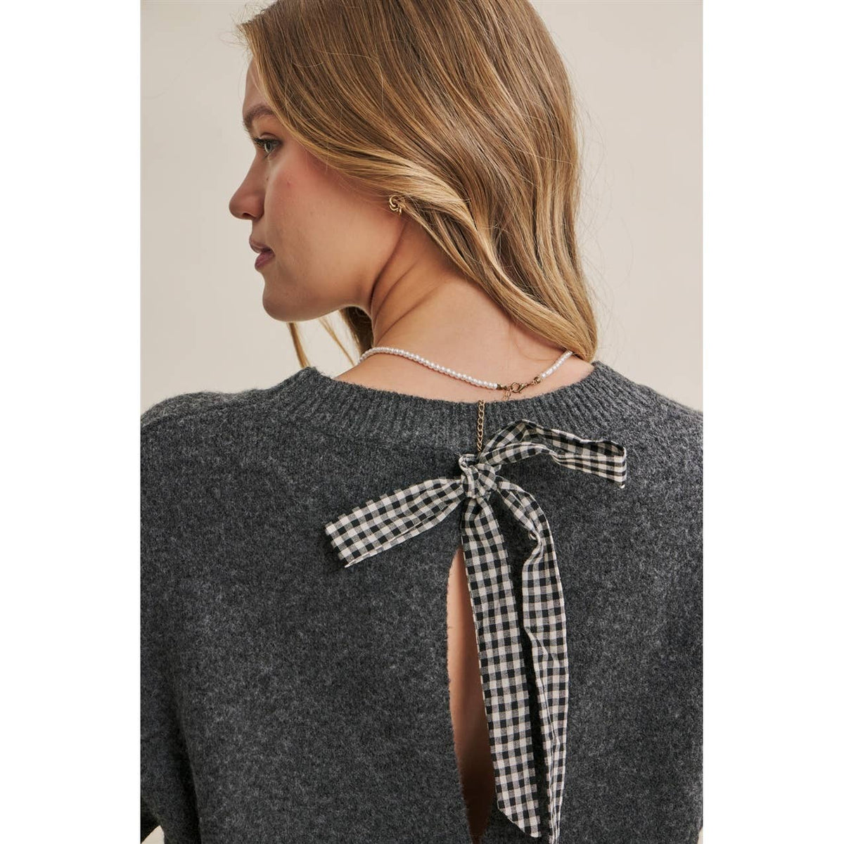 AUTUMN PICNIC PLAYUFL OPEN-BACK GINGHAM BOW SWEATER TOP
