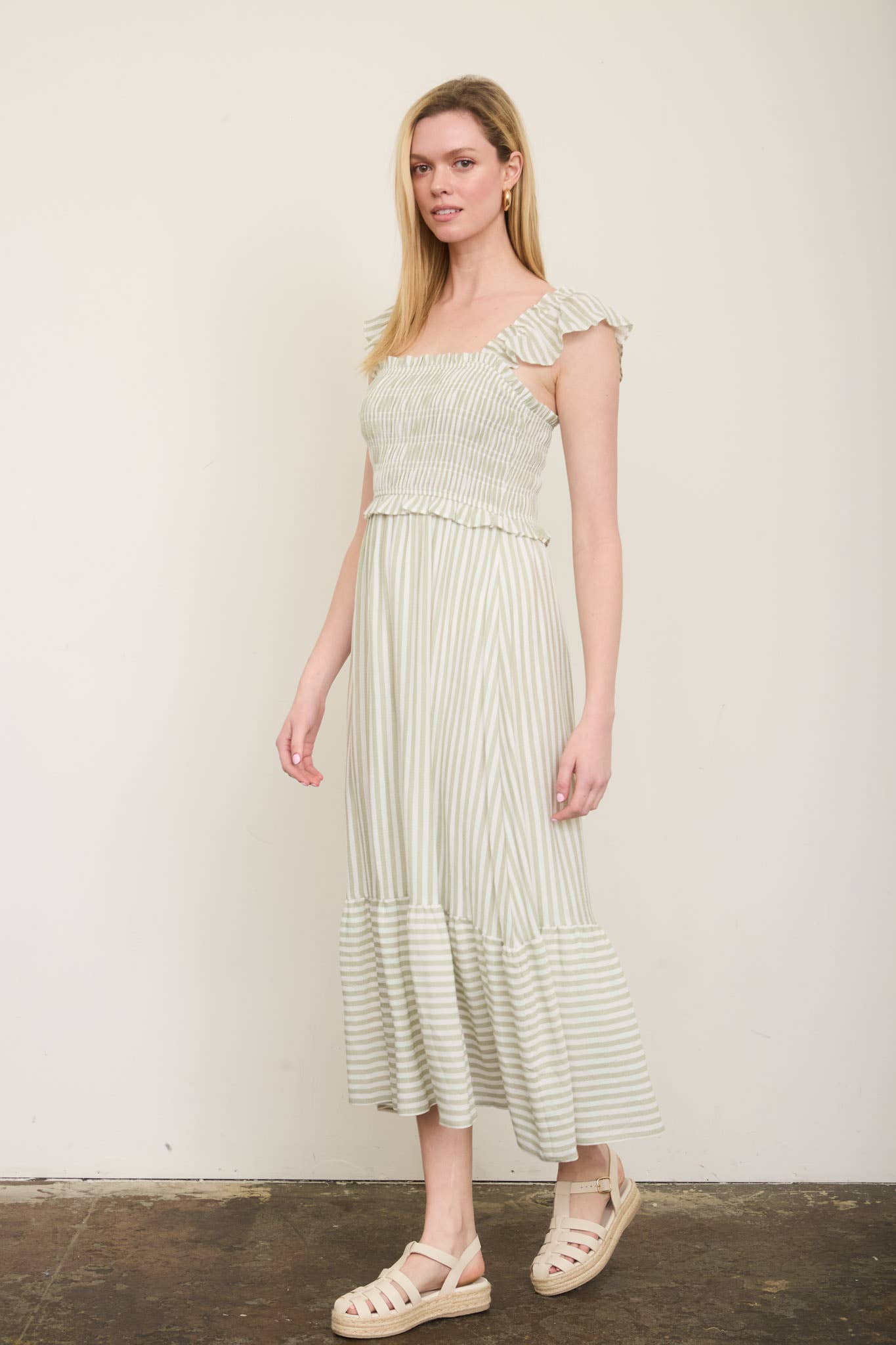 PLUS STRIPE SMOCKED RUFFLE TRIM MIDI DRESS