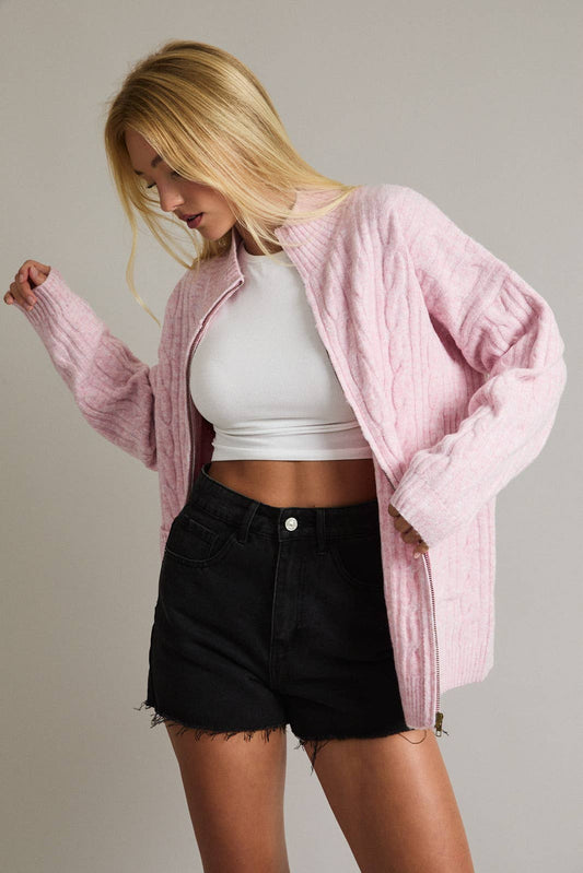 ZIPPER FRONT CABLE SWEATER JACKET