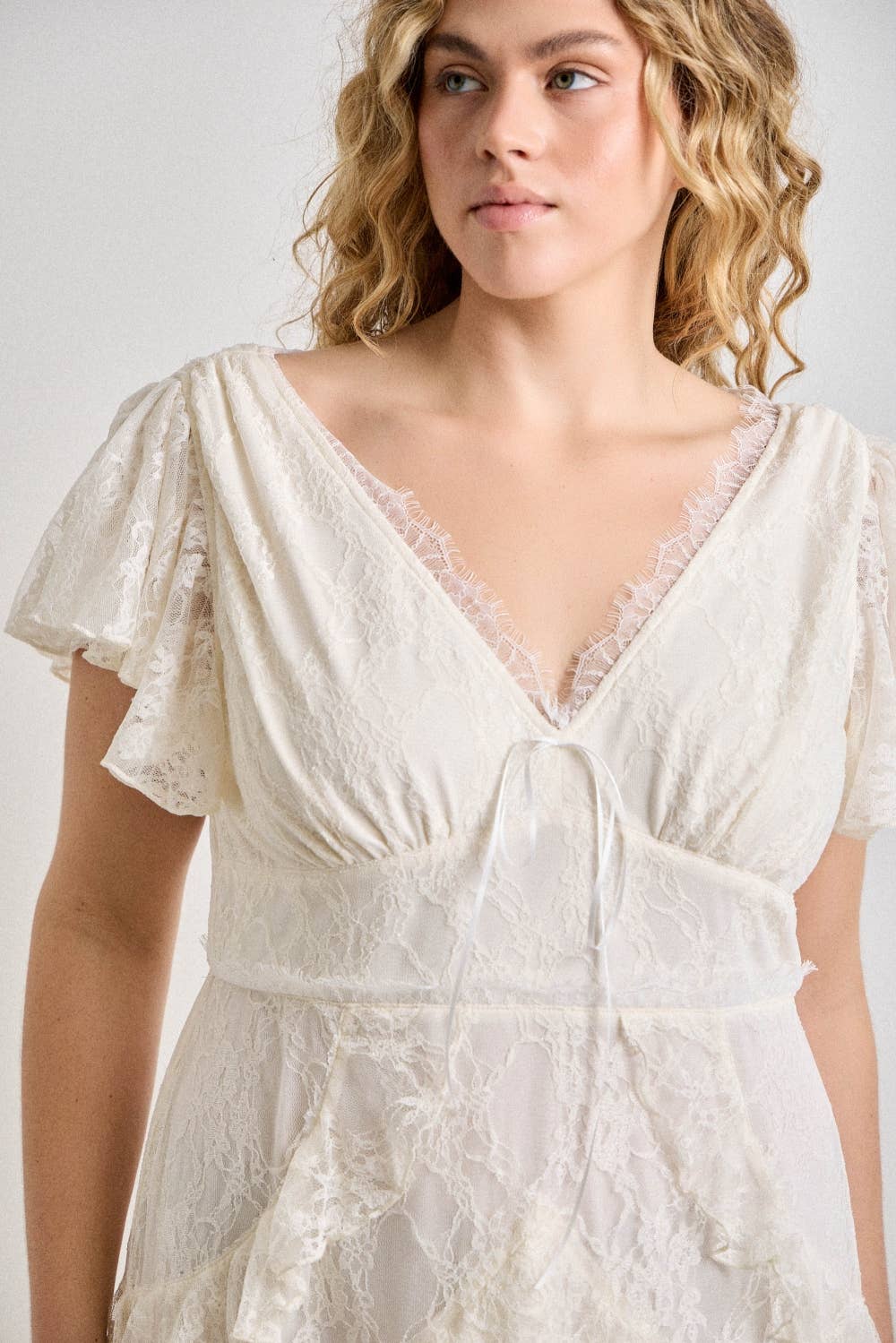 Plus Size Lace Tiered Flutter Sleeve Maxi Dress