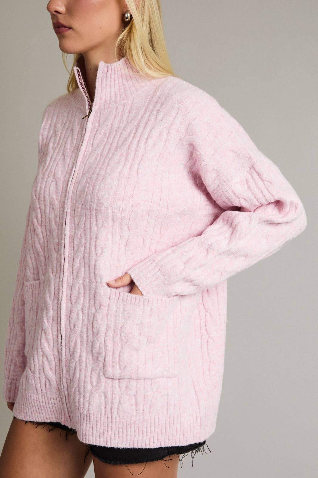 ZIPPER FRONT CABLE SWEATER JACKET