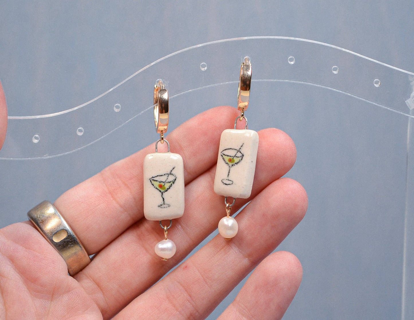 Martini and Pearls Ceramic Hoop Earrings