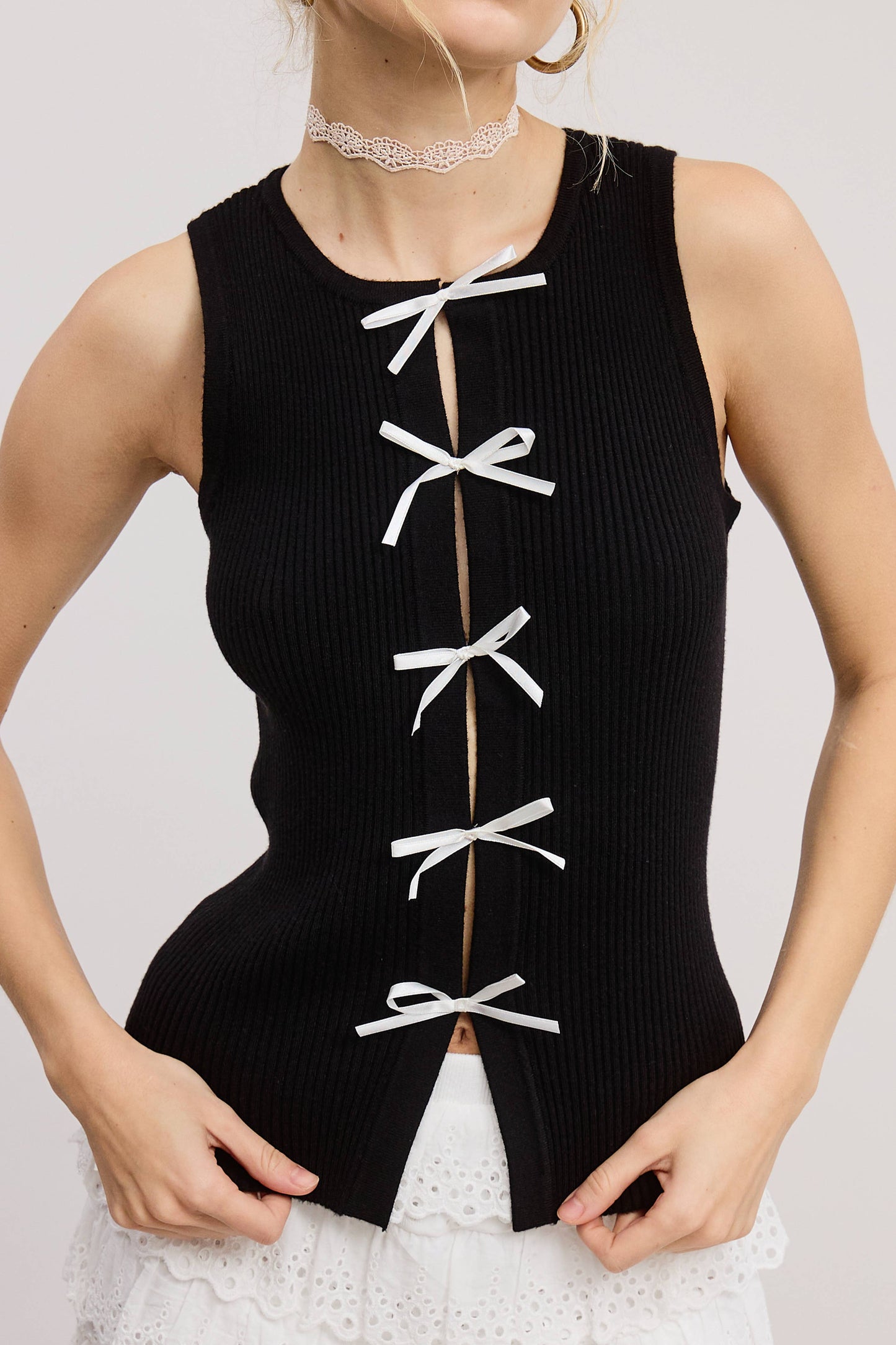 Mimosa | Vintage Bow Ribbon Detail Knit Sweater Tank Top