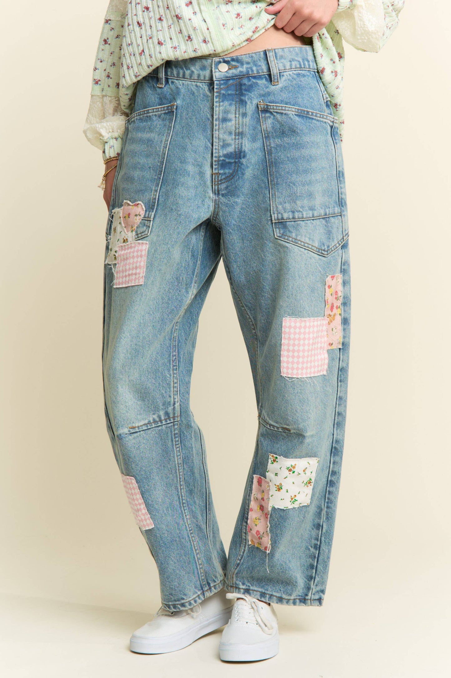 Patchwork Charm Barrel Leg Jeans