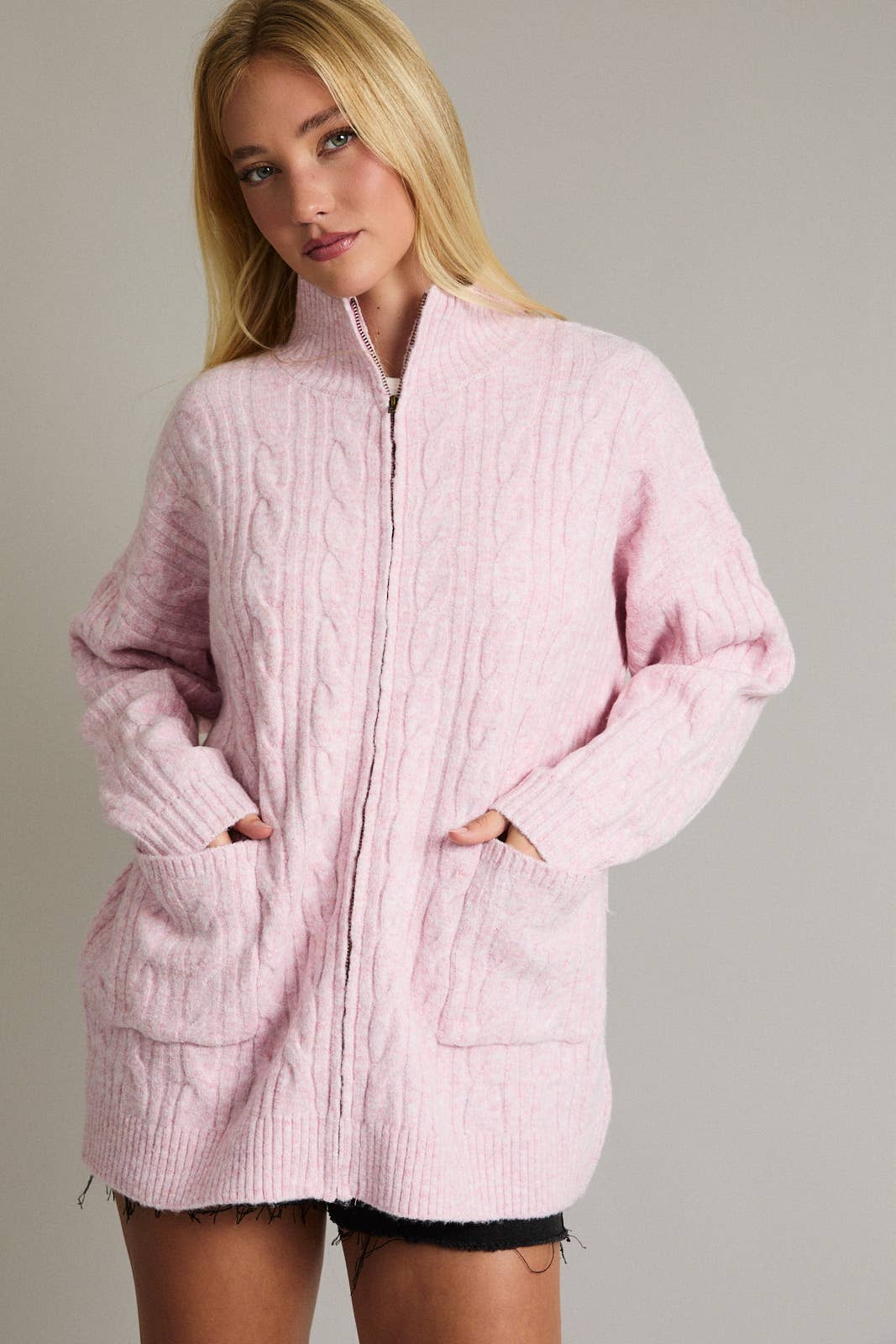 ZIPPER FRONT CABLE SWEATER JACKET