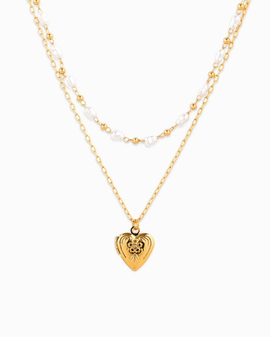 Intricate Heart Locket Oval Pearl Bead Layered Necklace