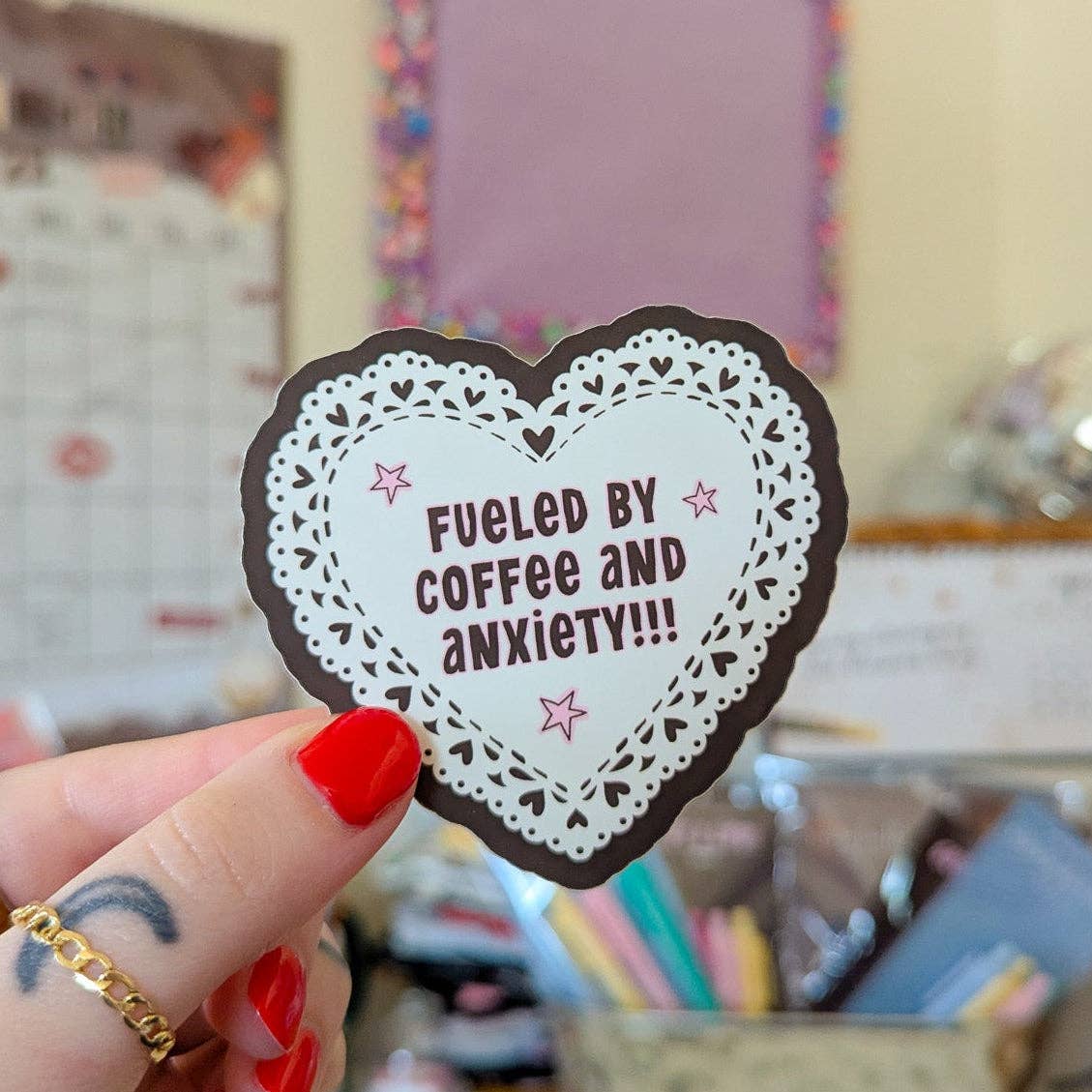 Fueled by coffee and anxiety matte sticker