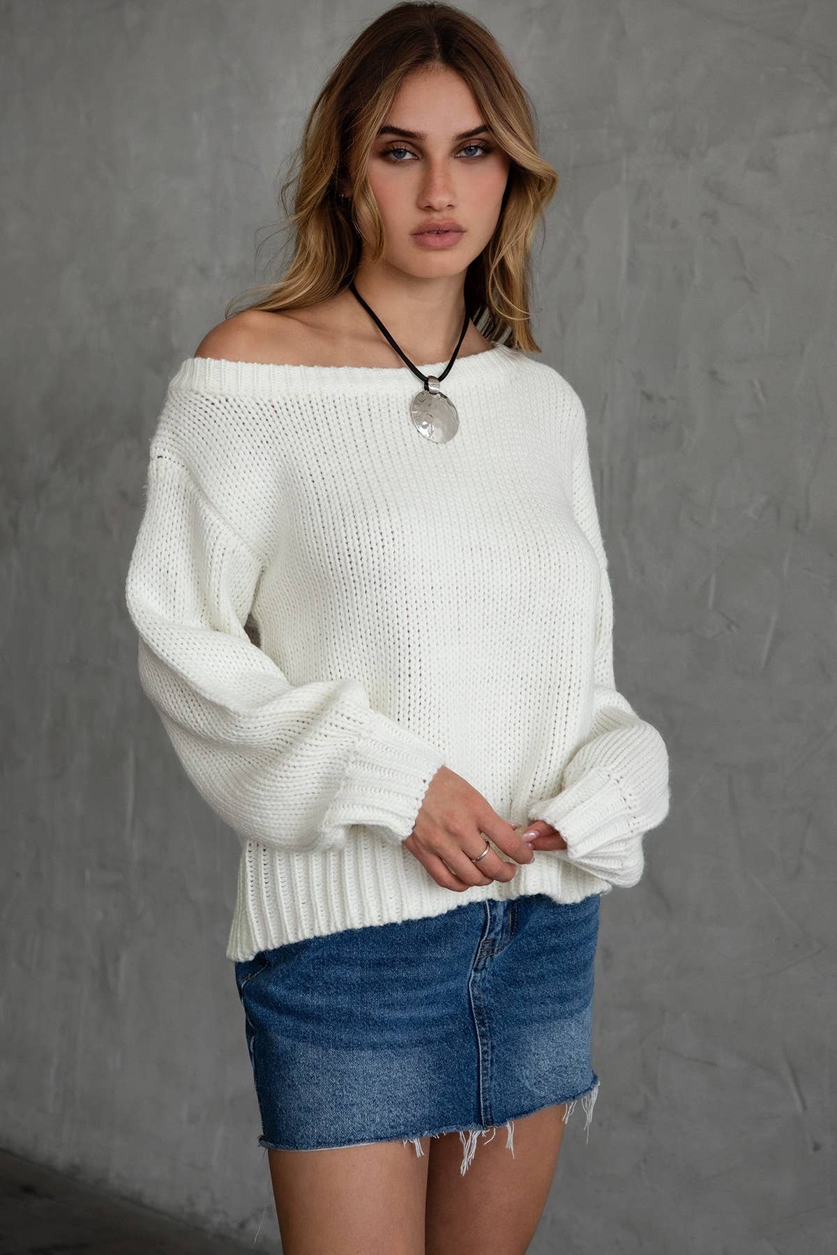 BRANDY Ribbed Knit Off The Shoulder Relaxed Sweater Cardigan