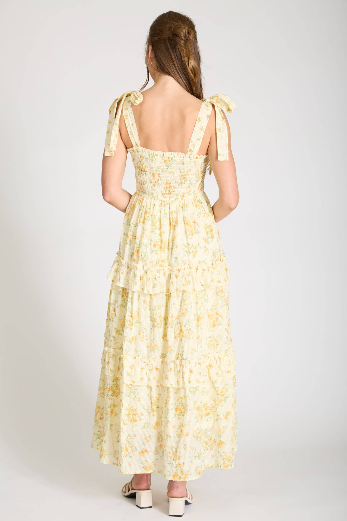 FLORAL SWEETHEART SMOCKED RUFFLE DETAIL MIDI DRESS