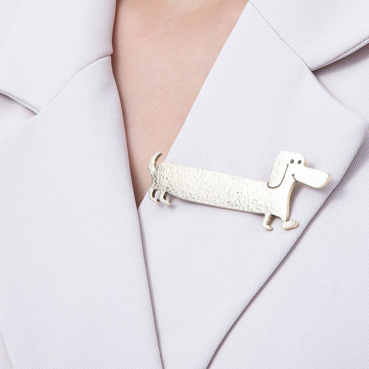 Gold 75mm x 30mm Hammered Wiener Dog Puppy Pet Animal Pin Brooch | BH-060
