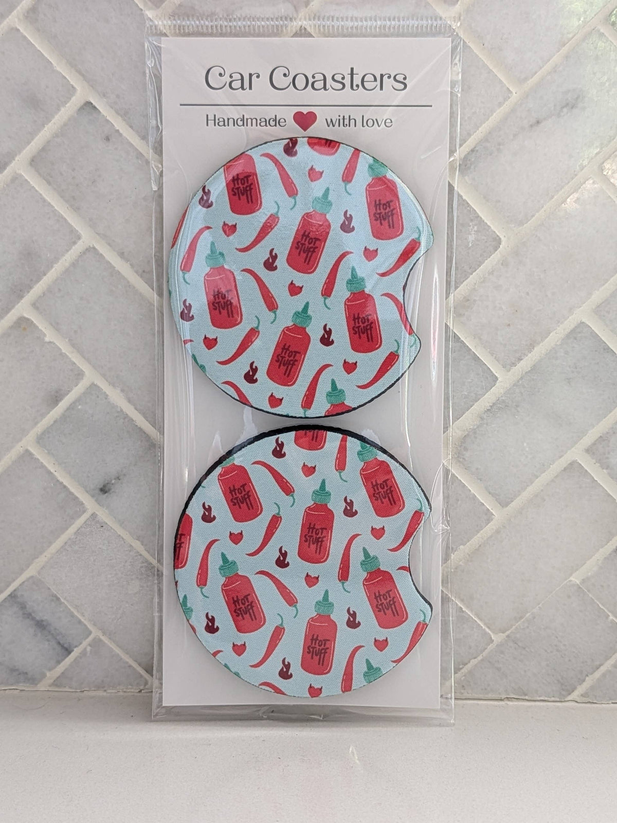 Hot Sauce and Chili Peppers Light Blue Car Coasters