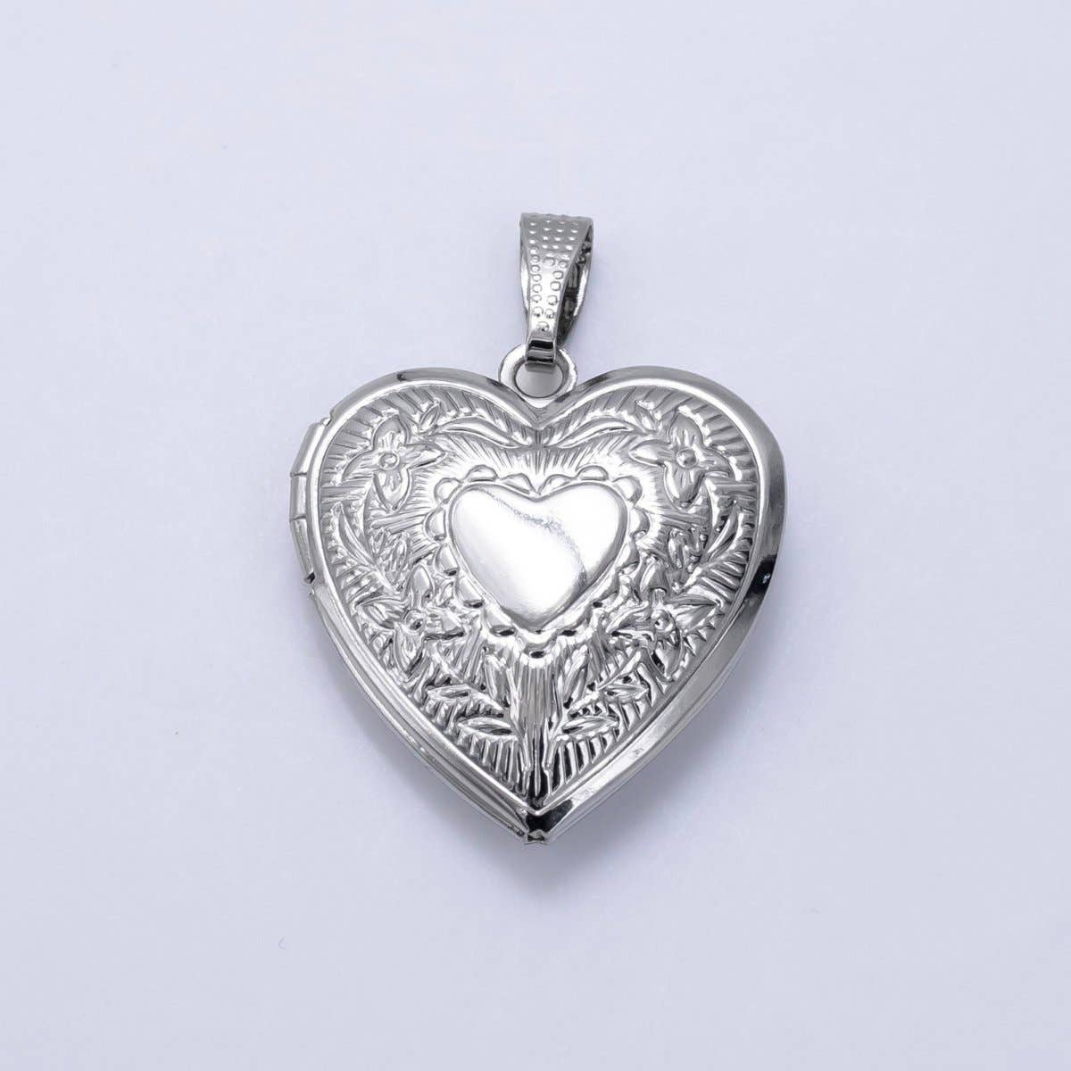 14K Gold Filled Engraved Flower Leaf Sunburst Heart Locket Pendant in Gold & Silver | H049