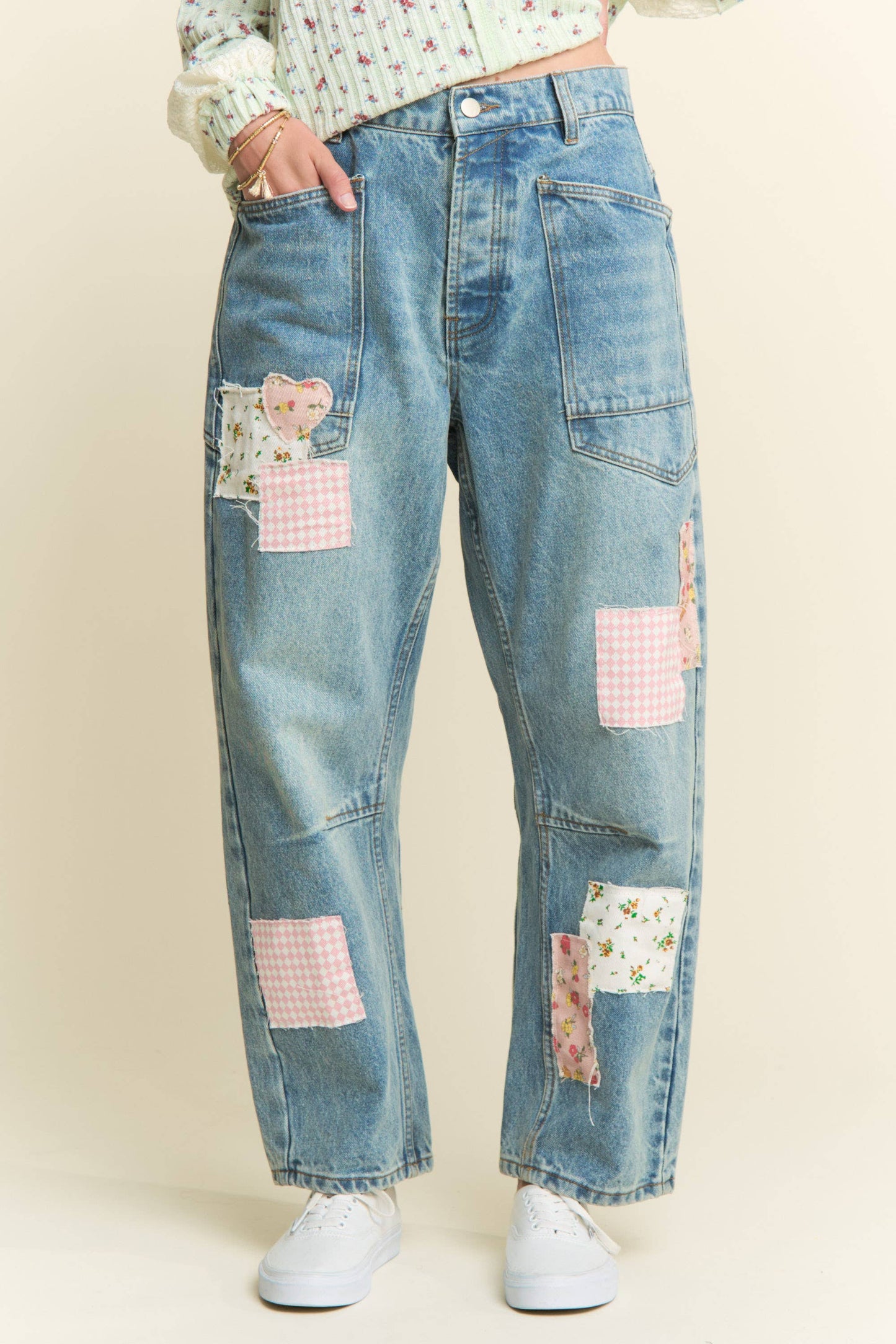 Patchwork Charm Barrel Leg Jeans