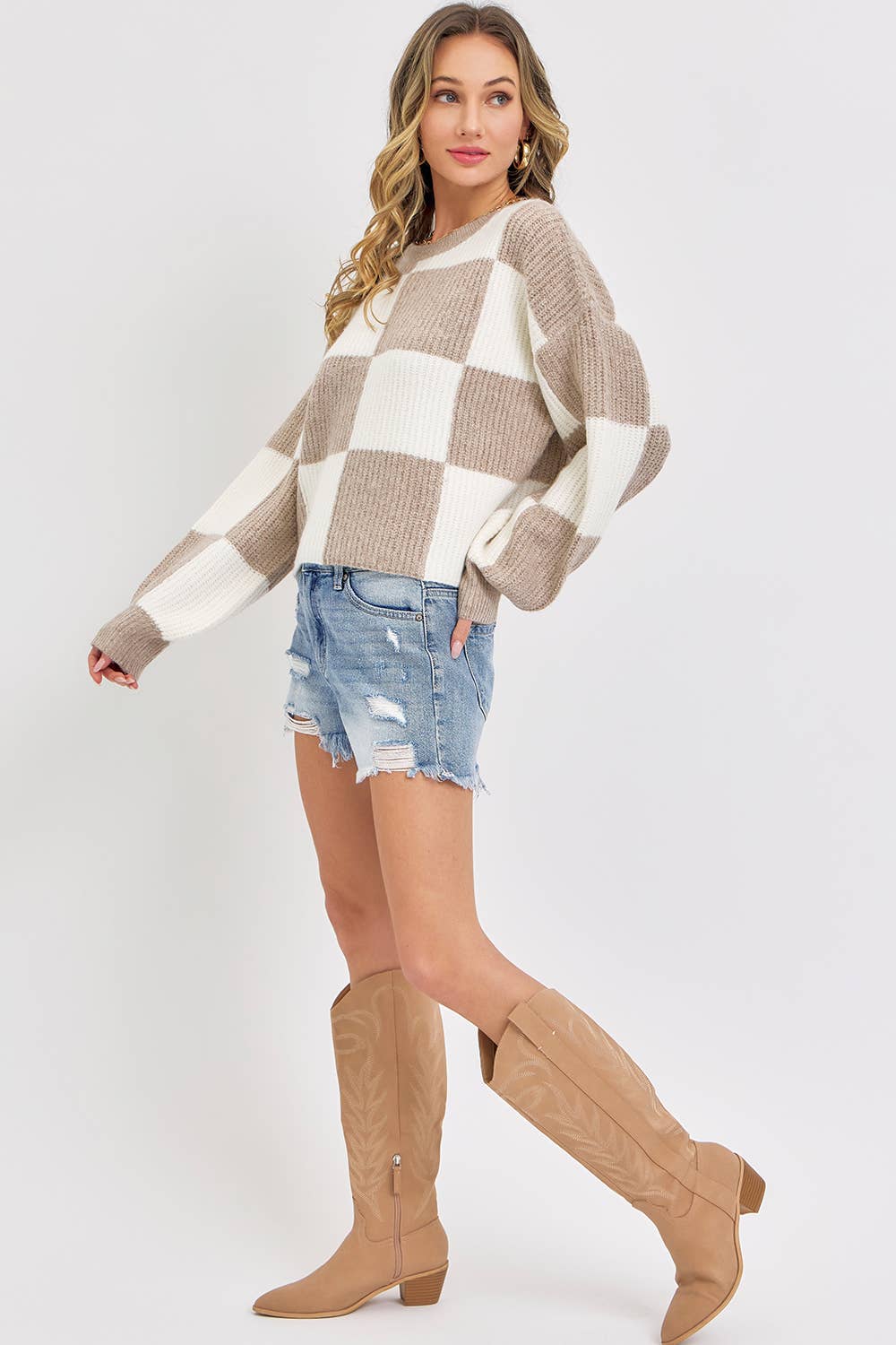 CASUAL SOFT COZY  RELAXED FIT CHECKER KNIT SWEATER: IVORY MOCHA / Contemporary / S