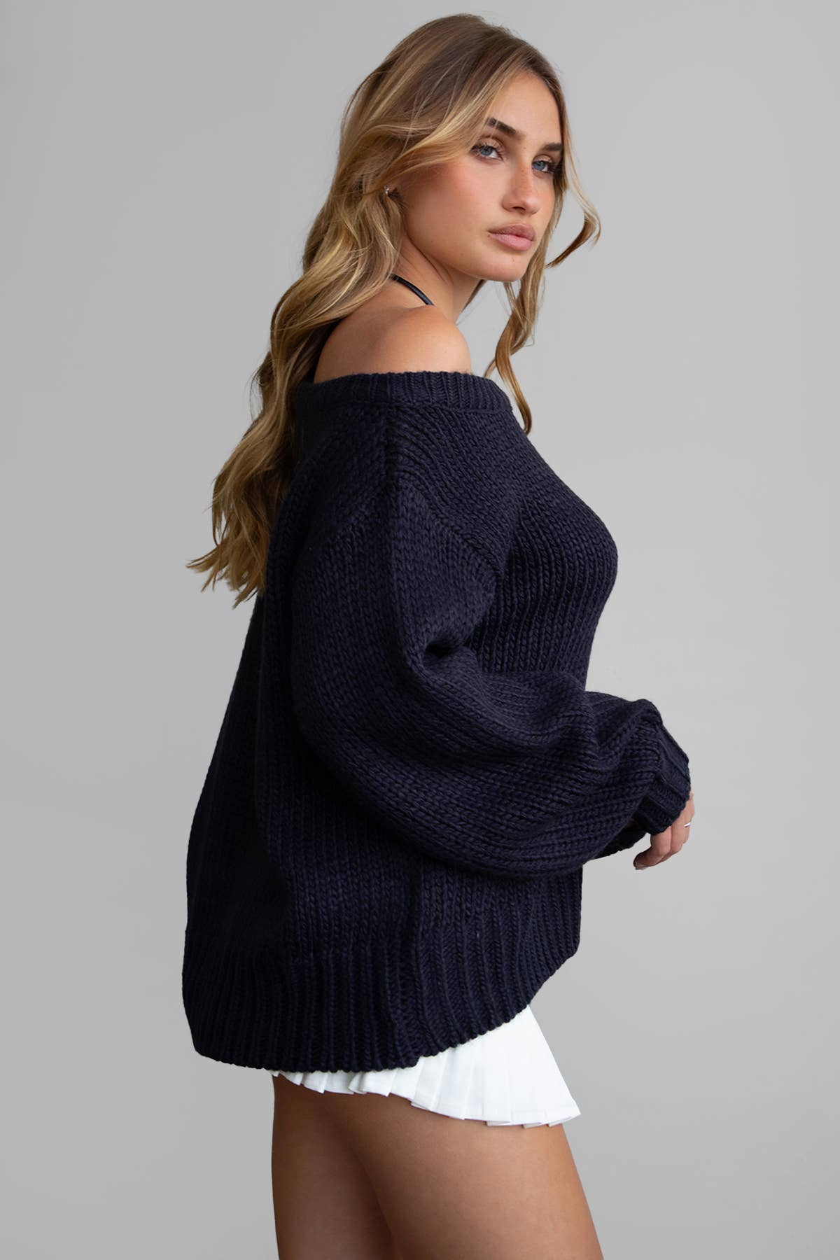 BRANDY Ribbed Knit Off The Shoulder Relaxed Sweater Cardigan