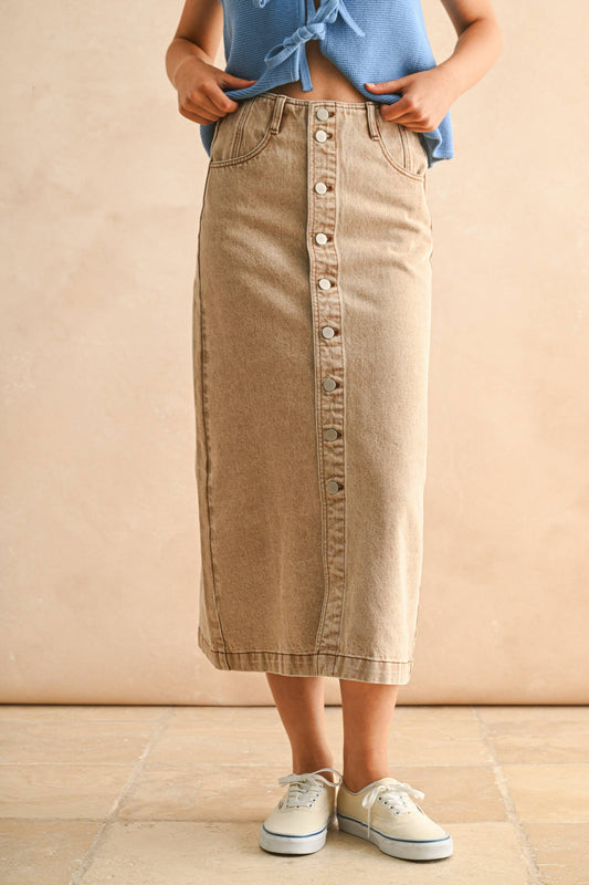 MIOU MUSE | Latte Washed Front Button Maxi Skirt