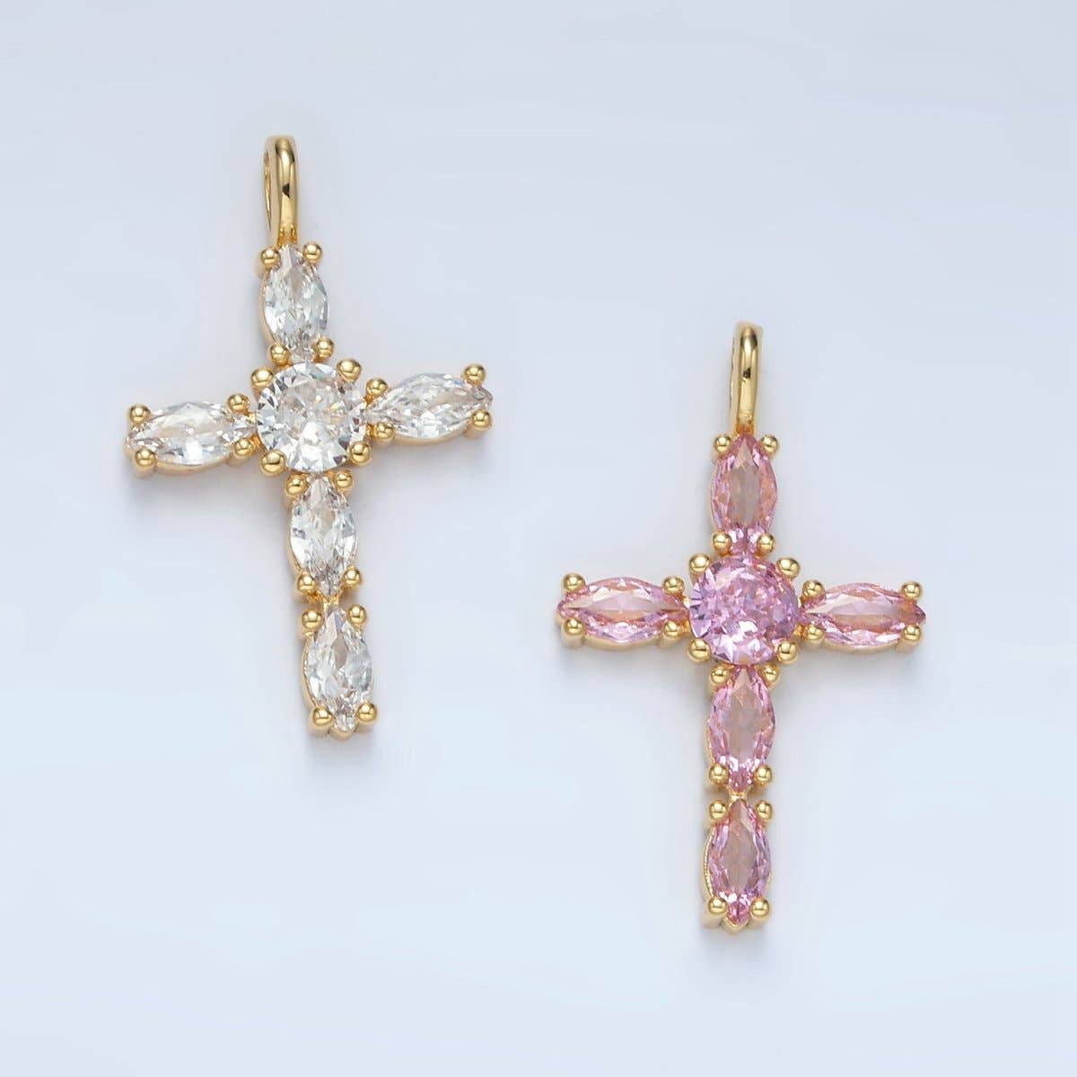24K Gold Filled Pink, Clear Marquise CZ Cross Pendant | AA1367