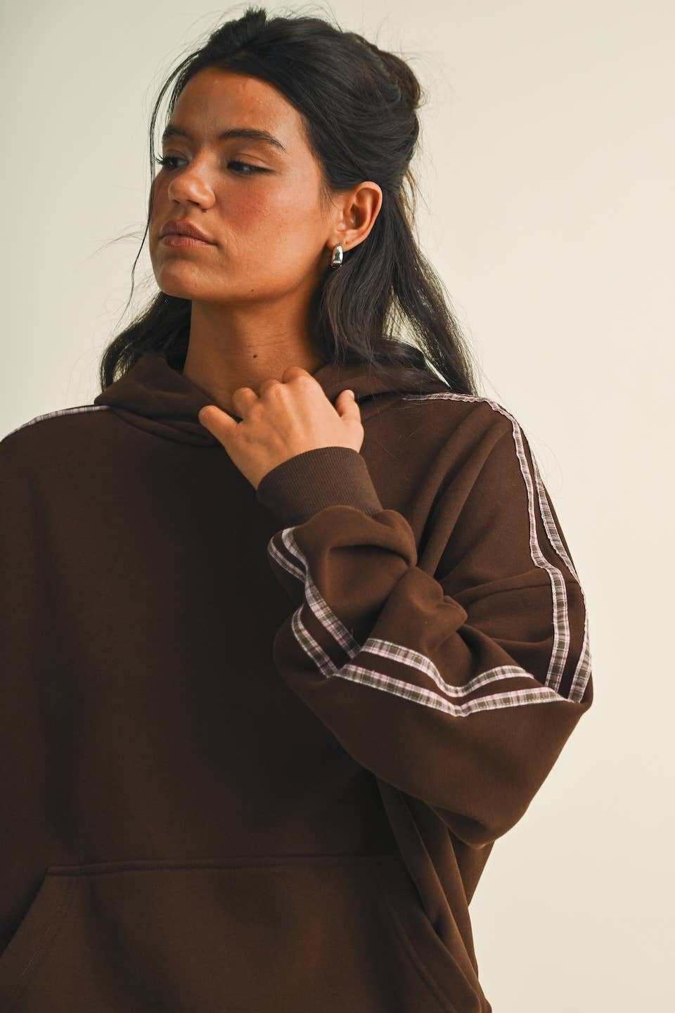 Plaid Side Stripe Oversized Pullover Hoodie