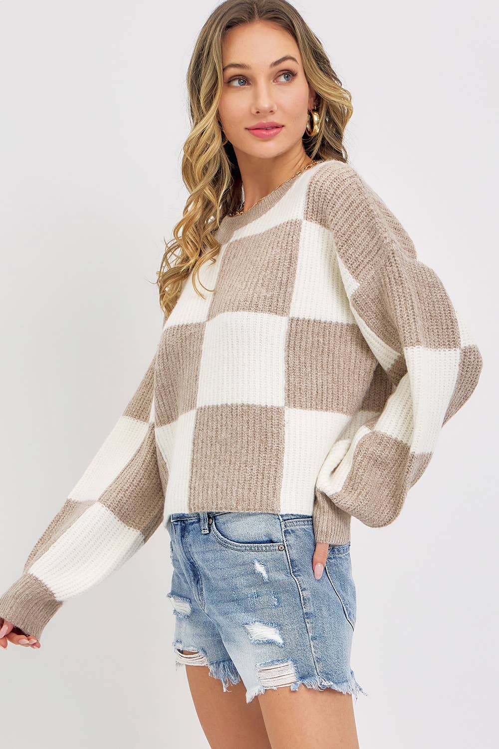 CASUAL SOFT COZY  RELAXED FIT CHECKER KNIT SWEATER: IVORY MOCHA / Contemporary / S