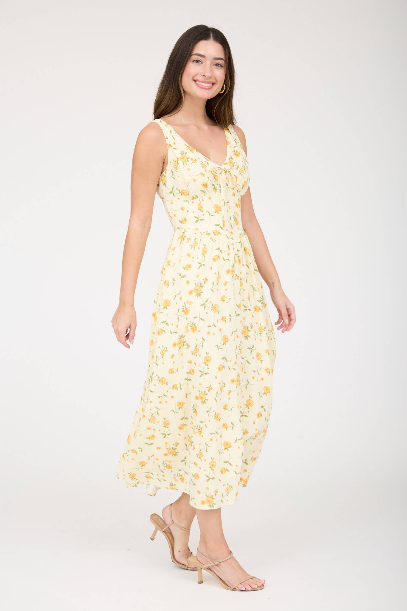 FLORAL V NECK SLEEVELESS CORSET MIDI DRESS