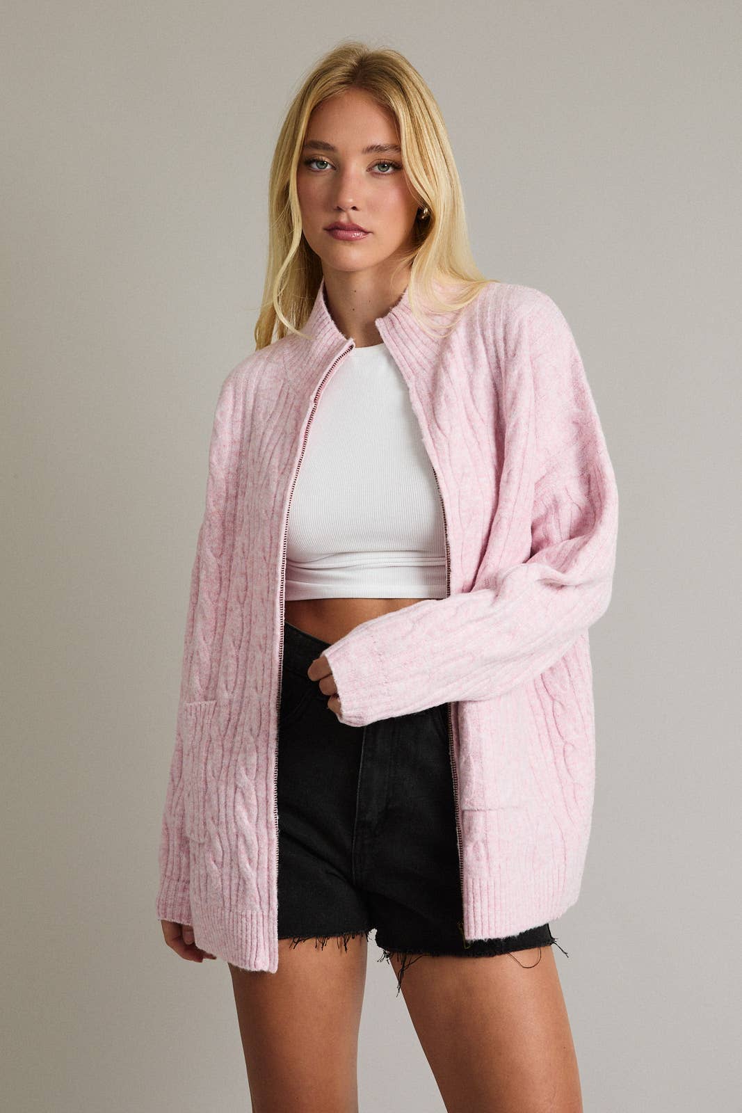 ZIPPER FRONT CABLE SWEATER JACKET