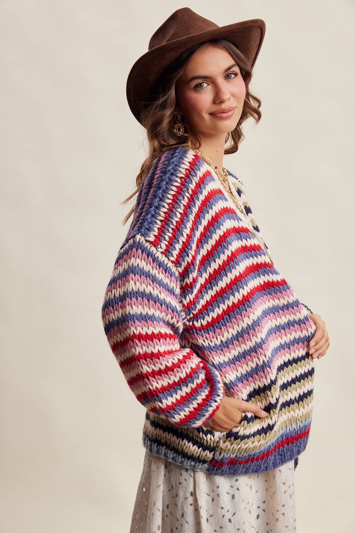 Chunky Multi Stripe Knit Cardigan LSW0731