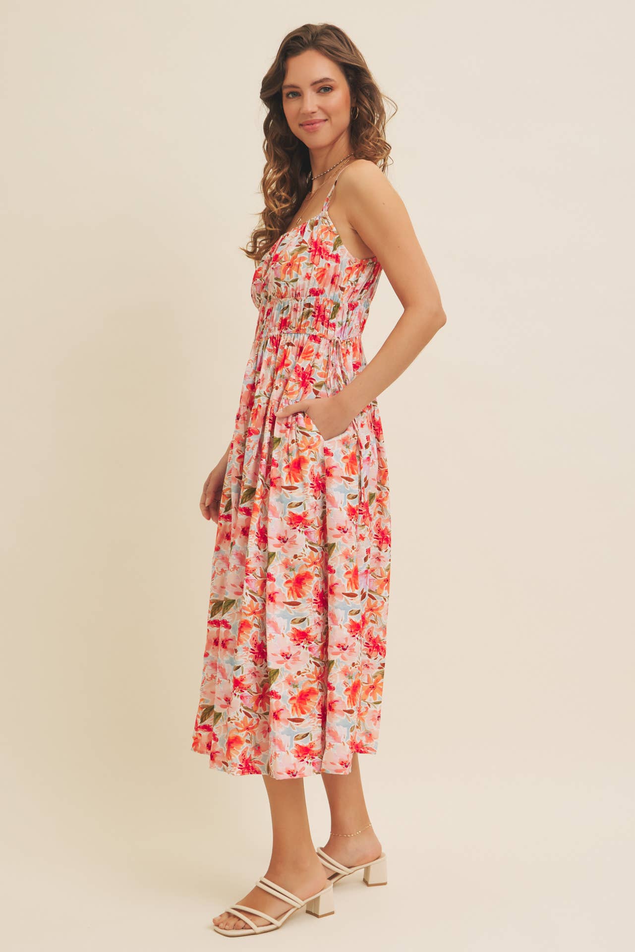 VIBRANT FLORAL PRINT RUCHING CAMI MIDI DRESS