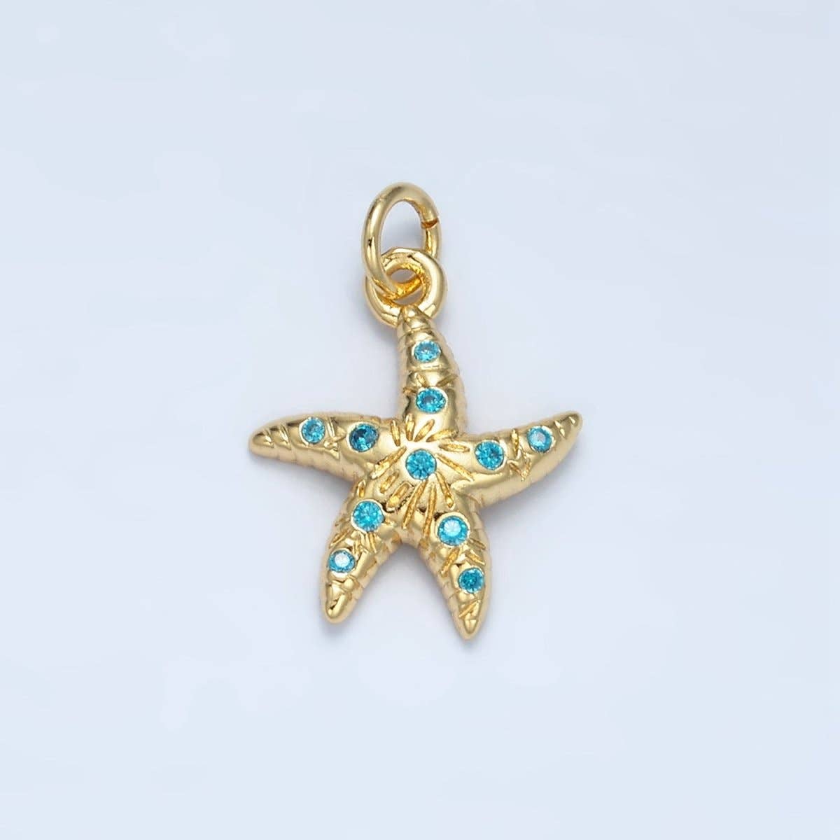 24K Gold Filled Blue CZ Micro Paved Textured Starfish Sea Animal Charm | M-896