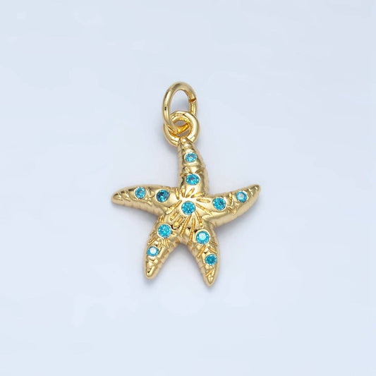 24K Gold Filled Blue CZ Micro Paved Textured Starfish Sea Animal Charm | M-896